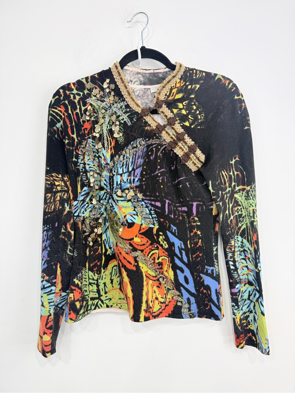Alberto Makali Black Colorful Abstract Graphics Bead Embellished Vintage Top